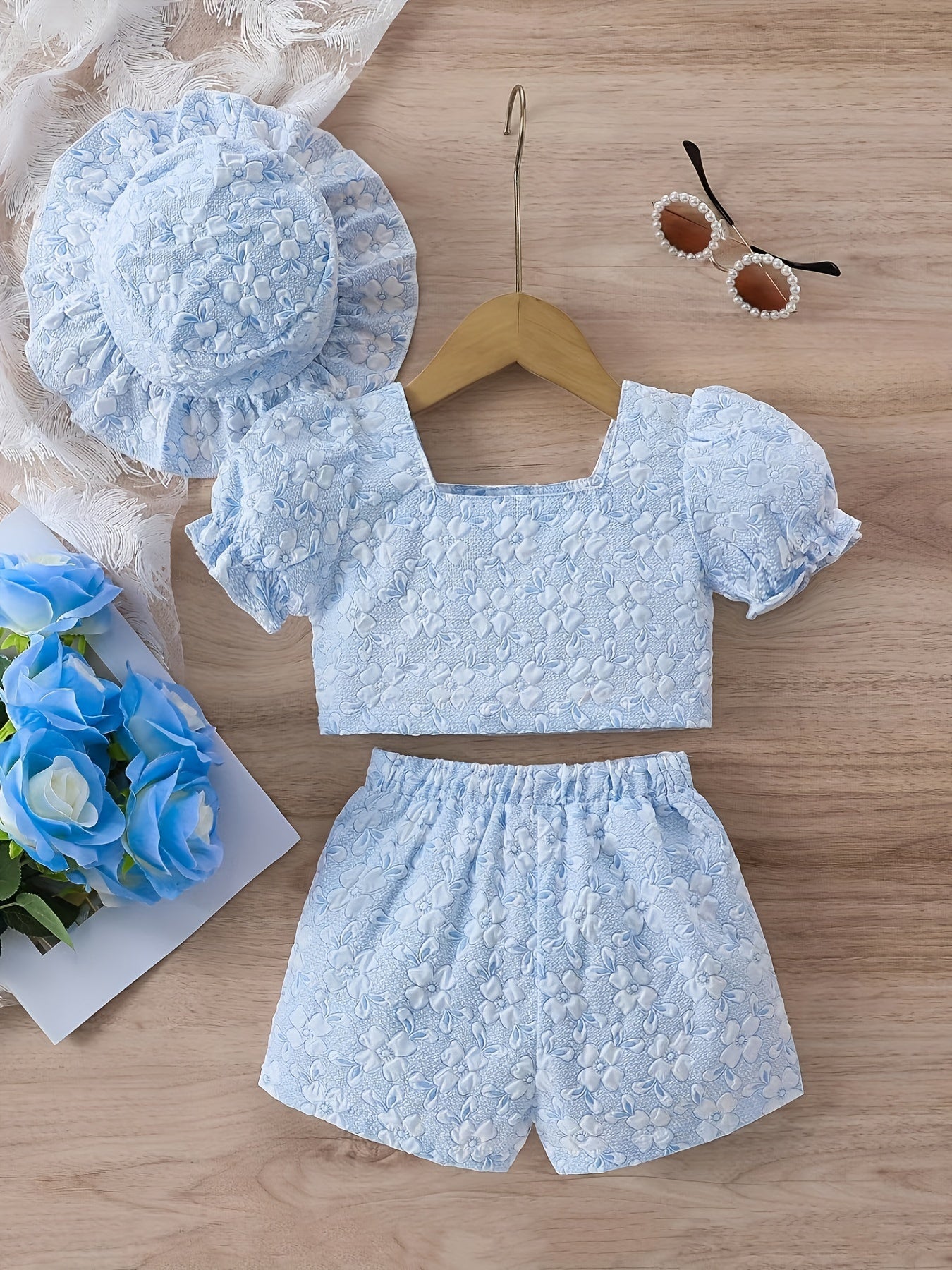 Women's Summer Set Light Blue Floral Print 3-Piece Outfit with Skirt Crop Top and Shorts