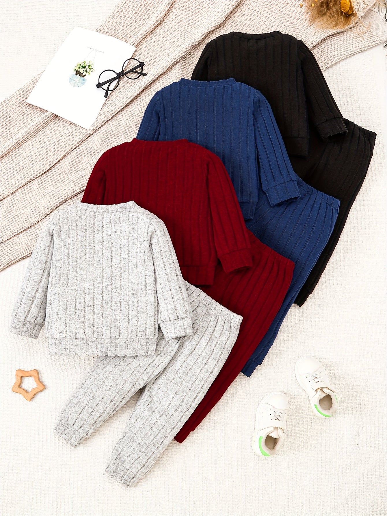 Baby Boy Clothing Set 8 Pieces Long-Sleeve Top and Ribbed Pants for Outdoor Wear