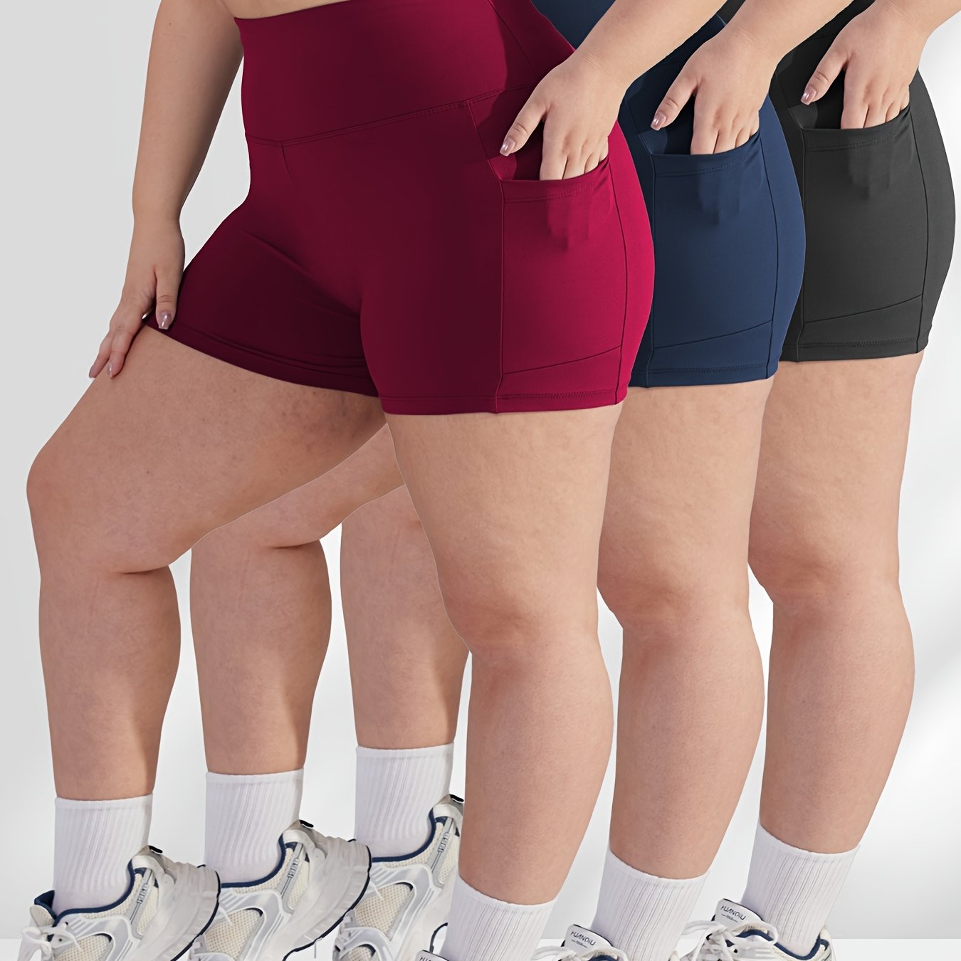 Pack de 3 pantalones cortos de gimnasio de cintura alta para mujer talla grande con bolsillos, ajuste suave