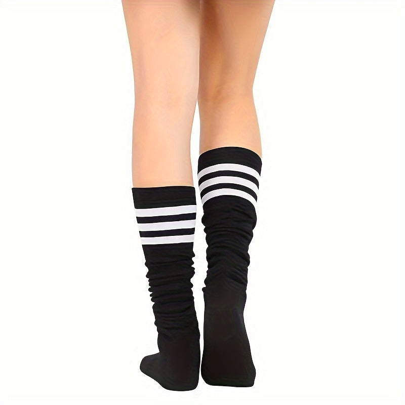 Women Black and White Knit Knee-High Socks with Three Stripes, 2 Pairs
