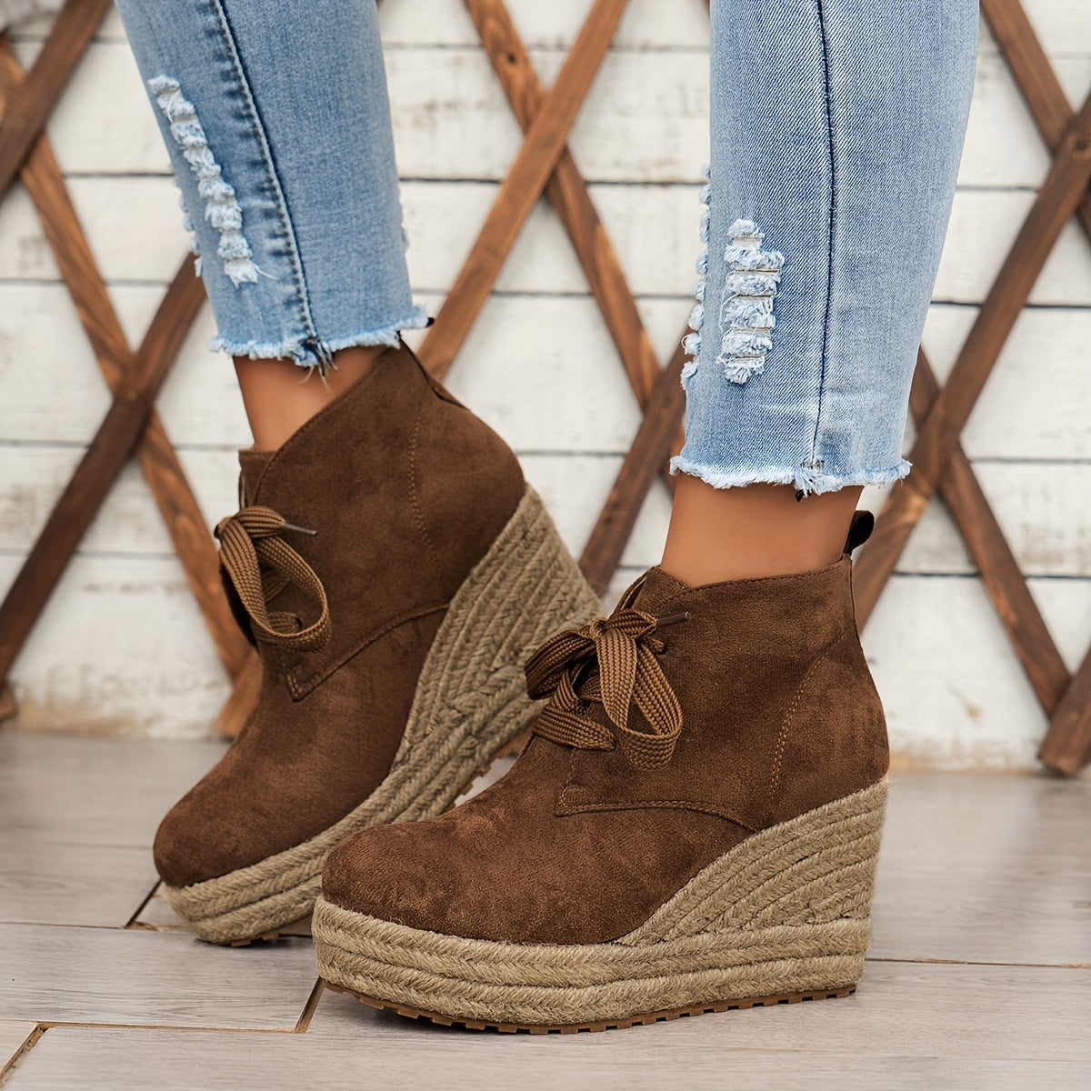 Women's Linen Wedge Ankle Boots Casual Solid Color Lace-Up Platform Shoes