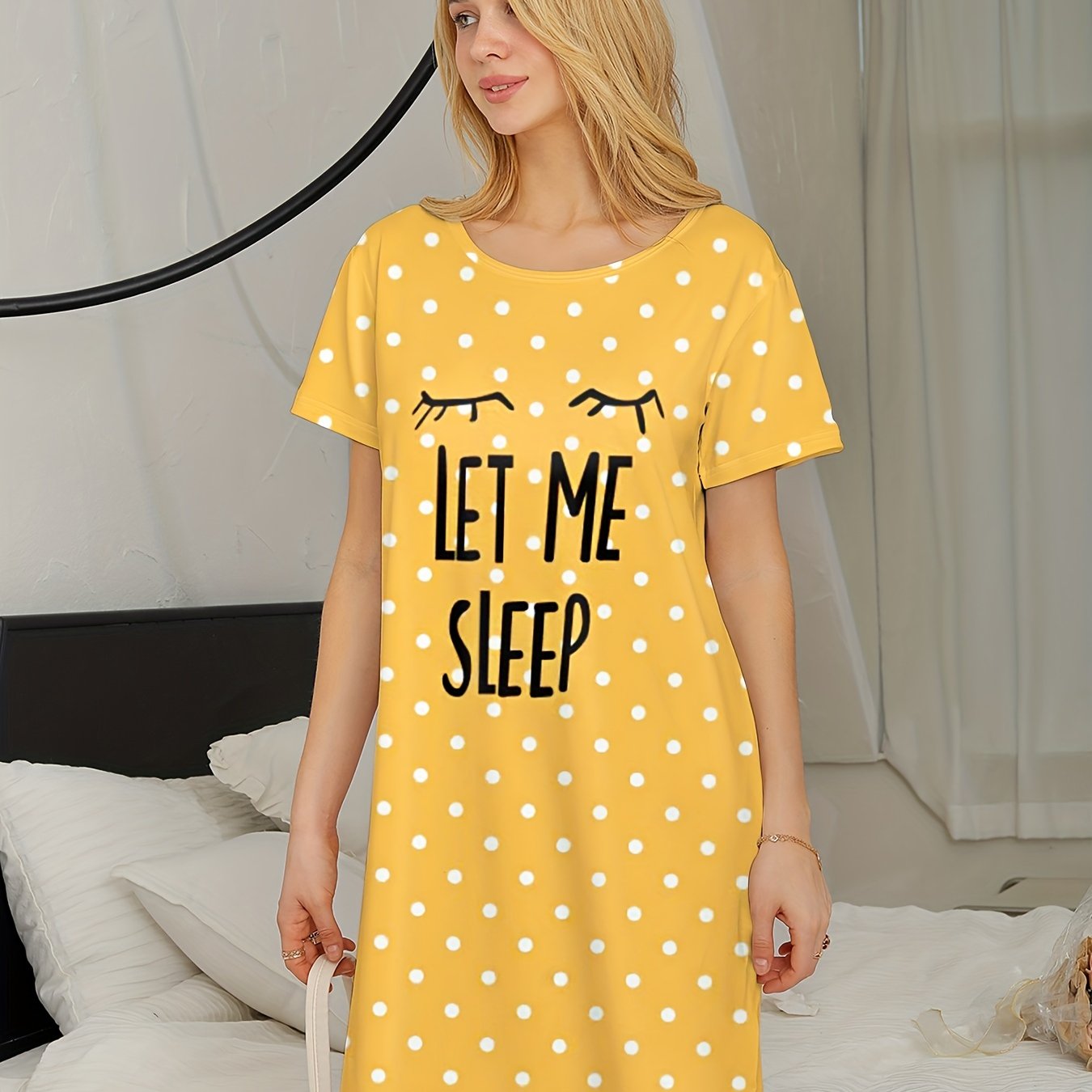 Pink Polka Dot Women's Nightgown Short Sleeve Round Neck Summer Sleep Dress Polyester Elastane