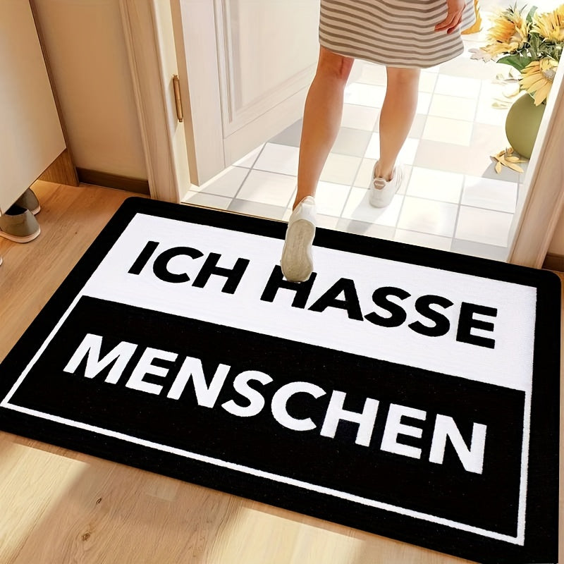 Anti-Stain Polyester Doormat with "ICH HASSE MENSCHEN" Design, Machine Washable, Indoor Entrance Rug