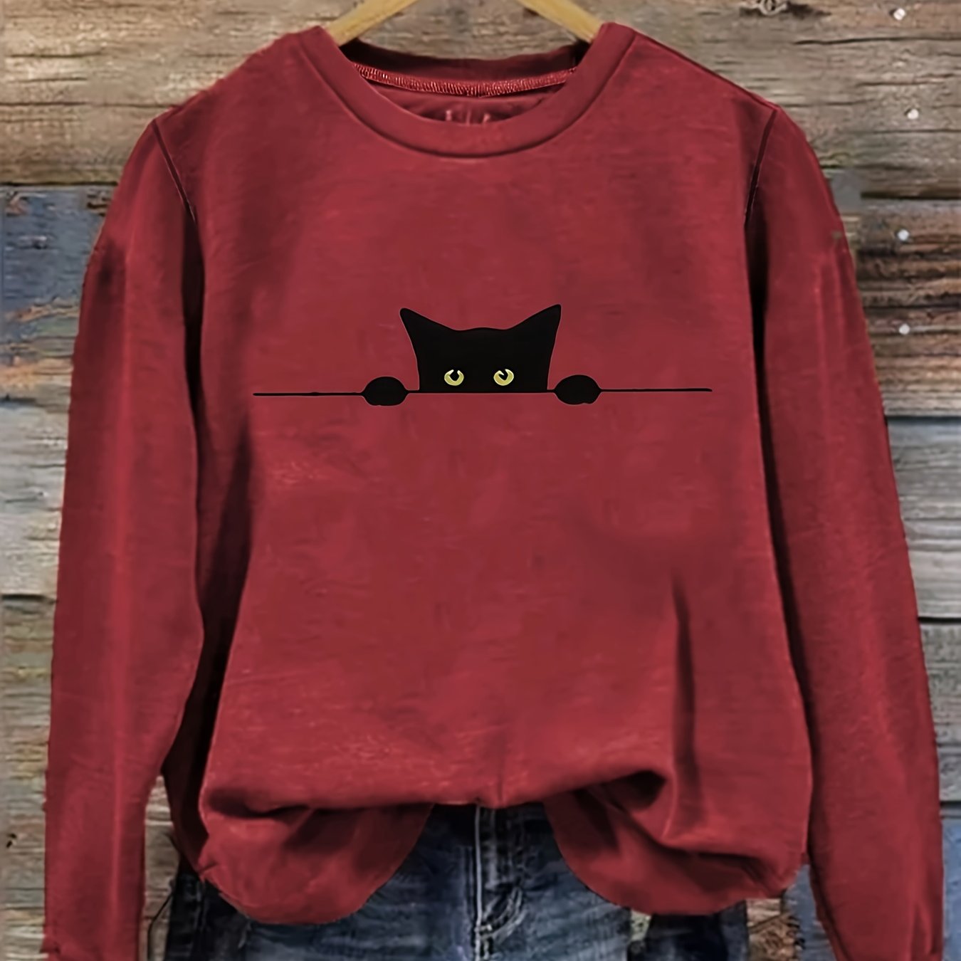 Plus Size Women's Cat Print Sweatshirt Long Sleeve Crew Neck Pullover