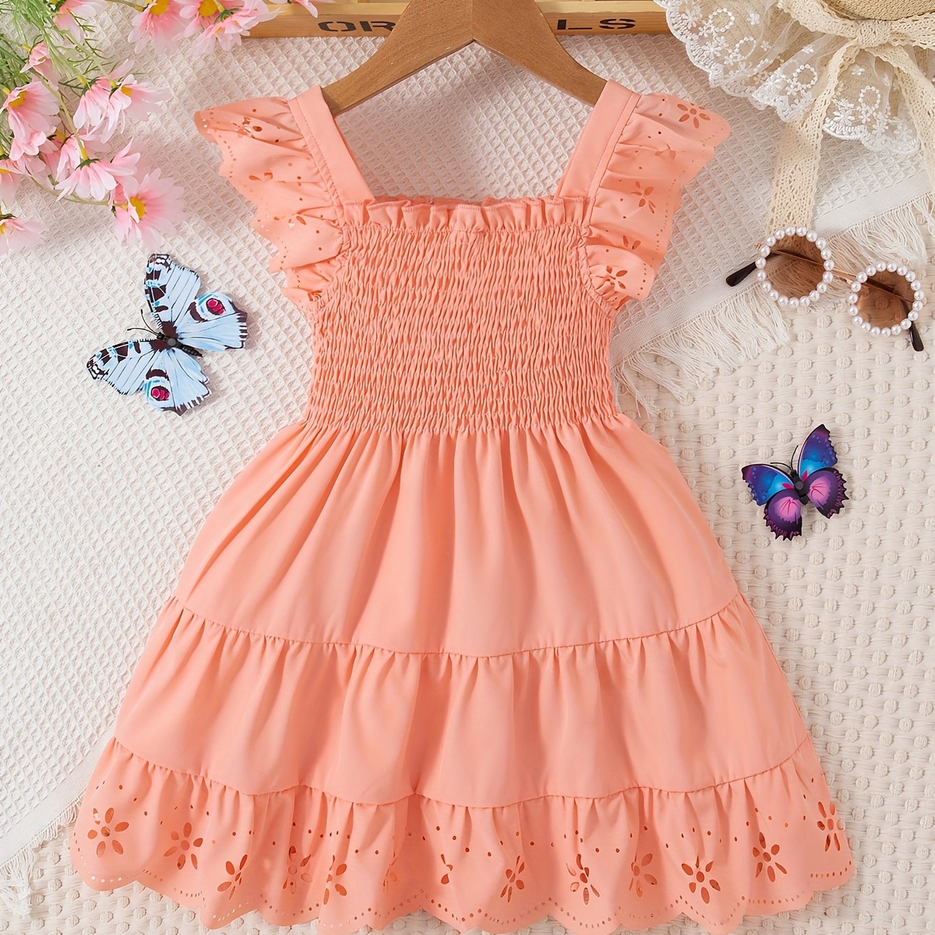 Girls Summer Solid Ruffle Sleeve Square Neck Knee High Dress
