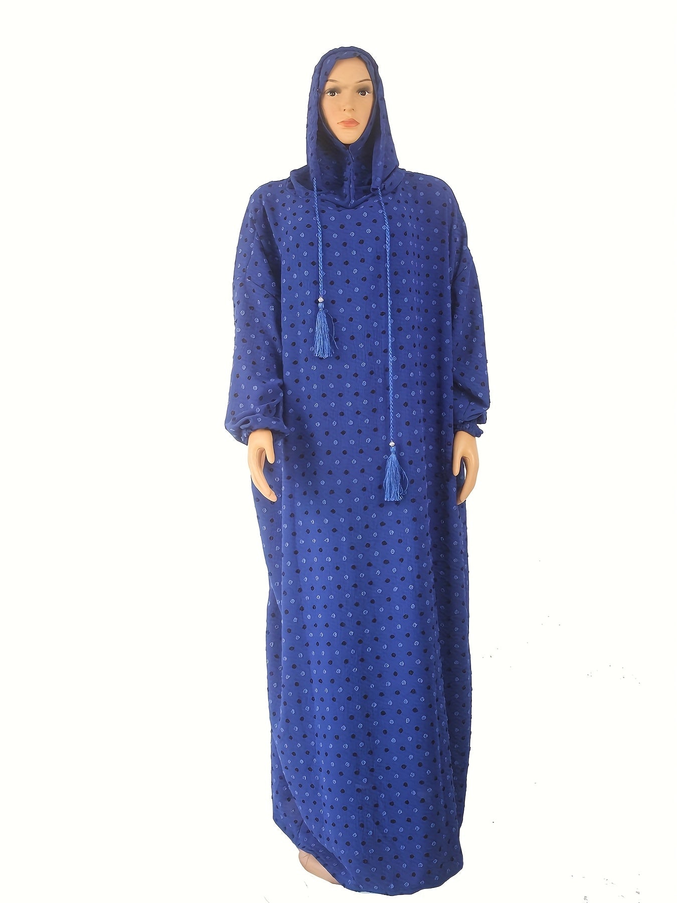 Women's Blue Polka Dot Abaya Kaftan Maxi Dress with Tassels and Lantern Sleeves