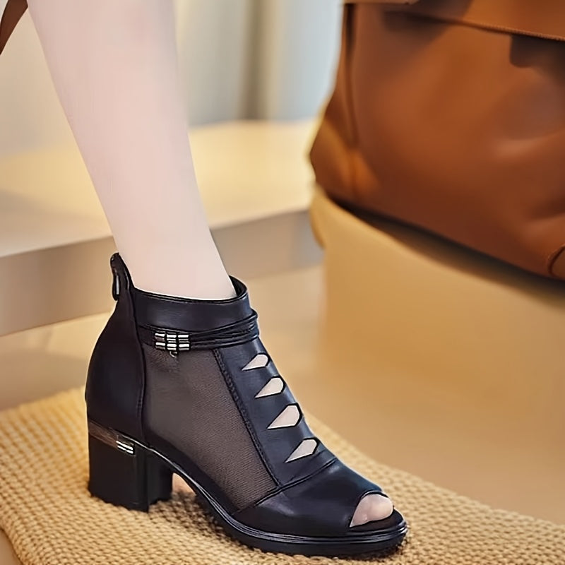 Women's Summer Ankle Boots Peep-Toe Chunky Heel Black White PU