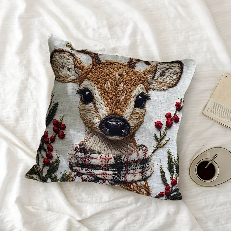 Christmas Reindeer Throw Pillow Cover Polyester Woven 45.72cm Square Machine Washable