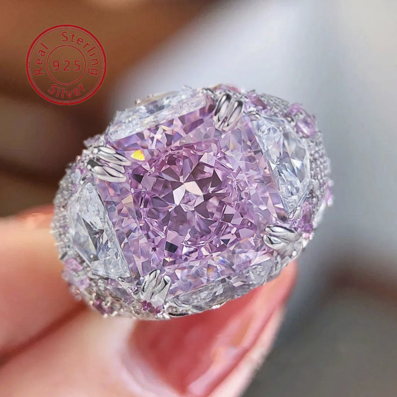 Sterling Silver Ring for Women with Pink High Carbon Stone and Zirconia Mosaic