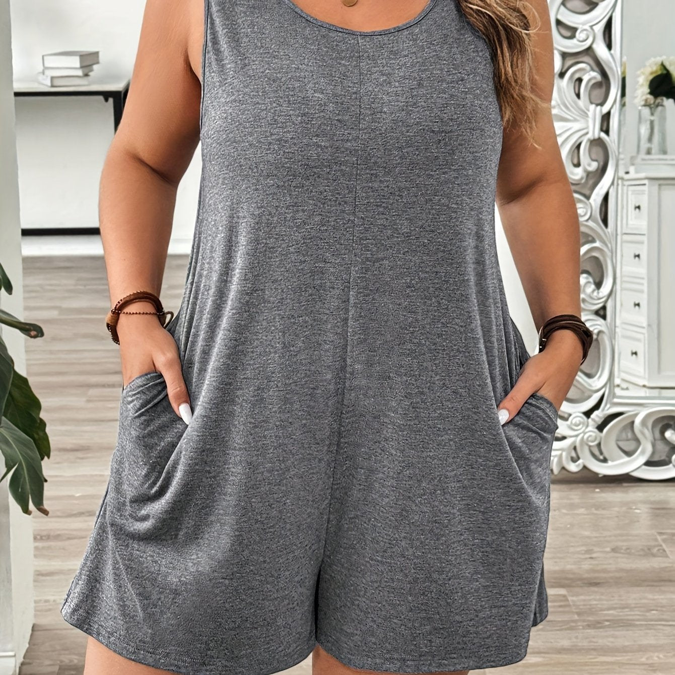 Женский комбинезон без рукавов с цветочным принтом, крупные размеры, трикотажный, серый, черный, белый, летний повседневный