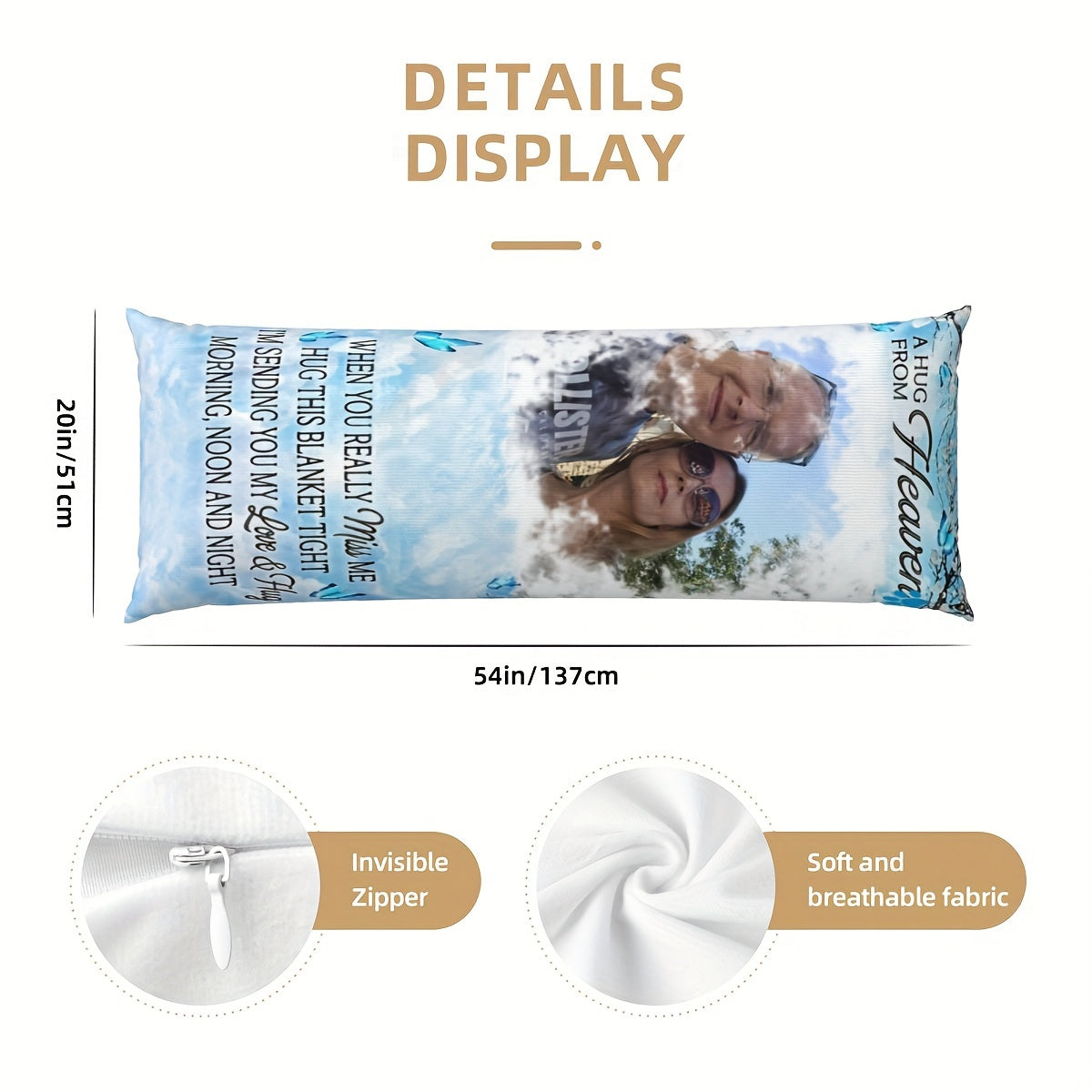 Personalizable Plush Pillow Cover 50.8x137.2 cm with "A Hug from Heaven" Design for Sofa Bedroom Living Room
