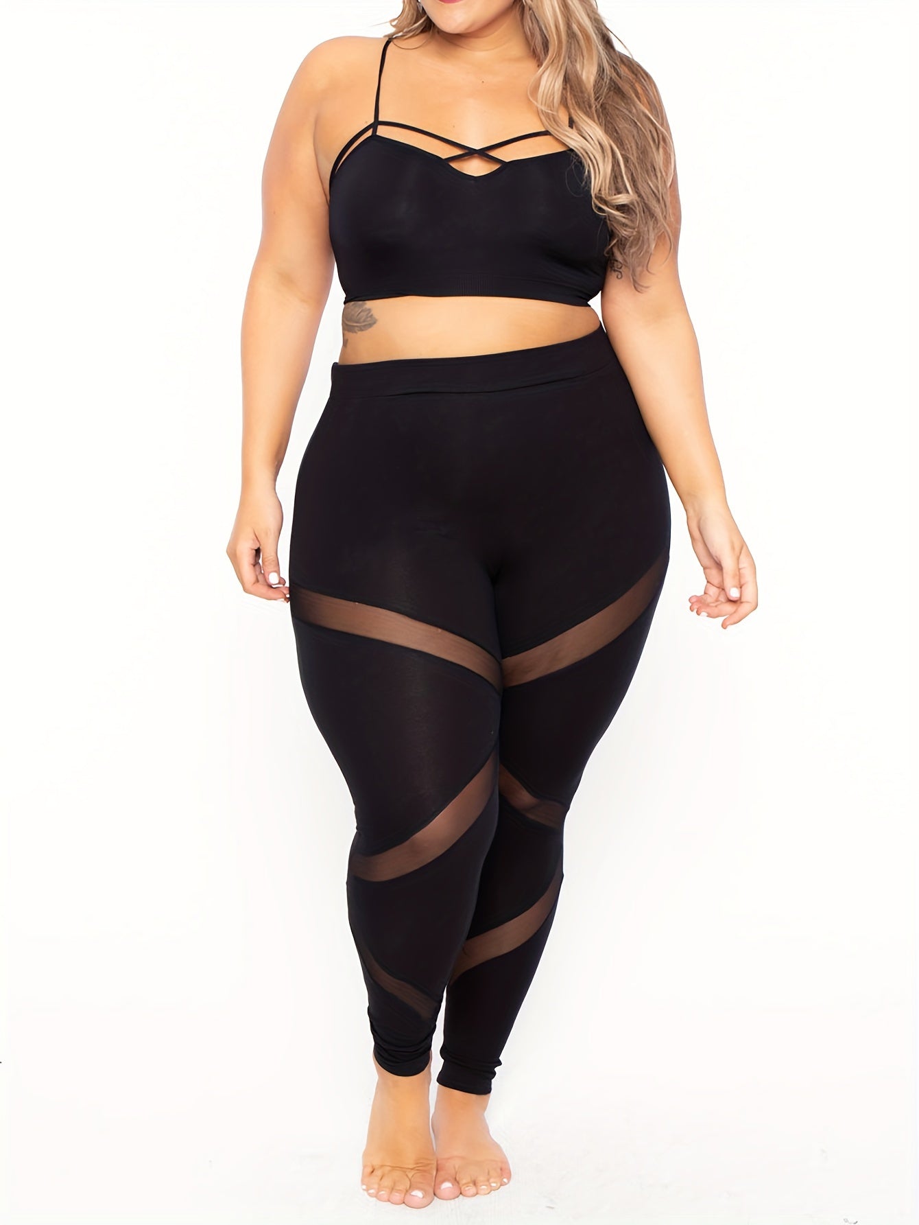 Plus Size Mesh Stitching Skinny Leggings Casual Stretchy Womens Clothing