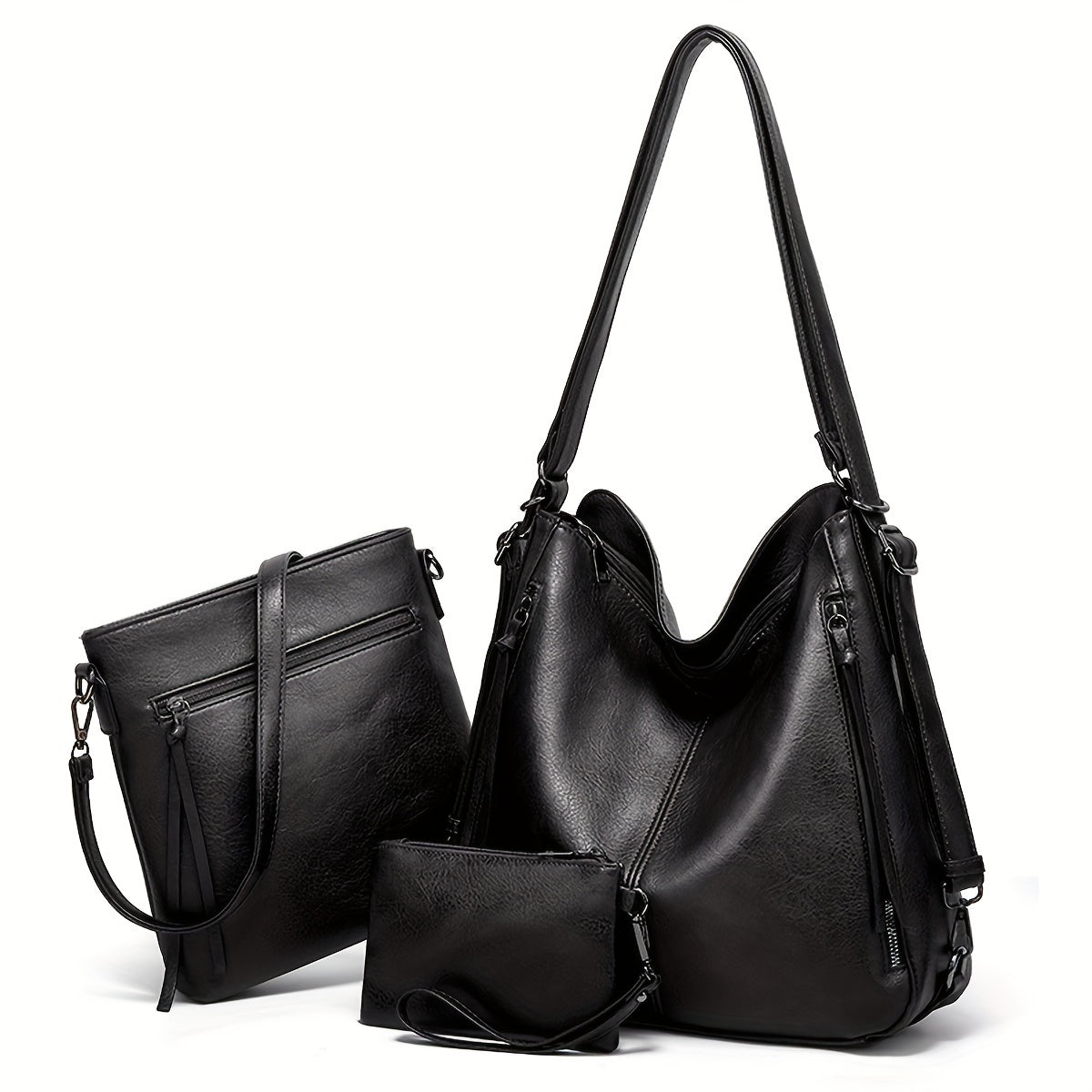 Women's 3-Piece Retro Tote Bag Set with Backpack Shoulder Bag and Coin Purse Black PU