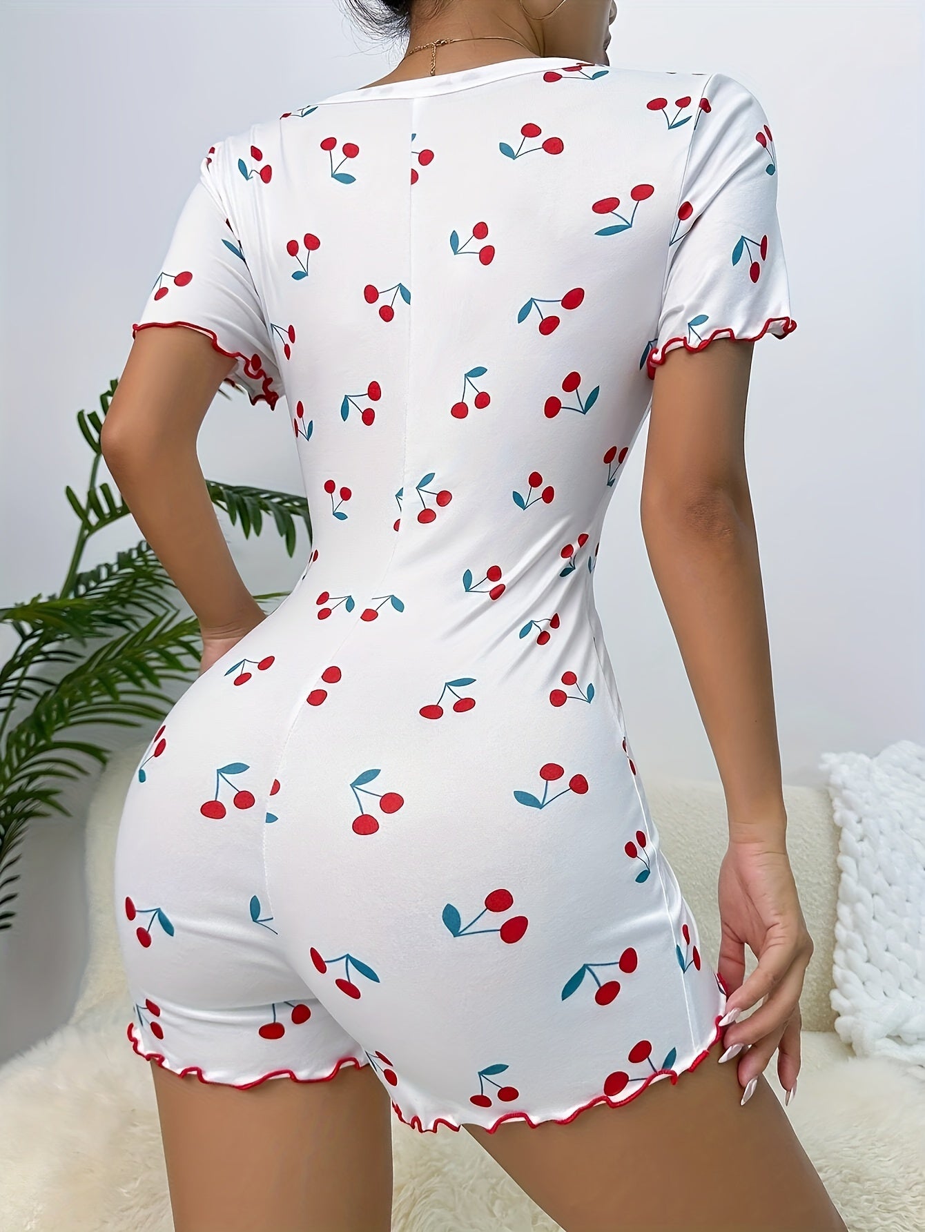 Cherry Print Romper for Women Short Sleeve Lettuce Trim Sleepwear Lingerie
