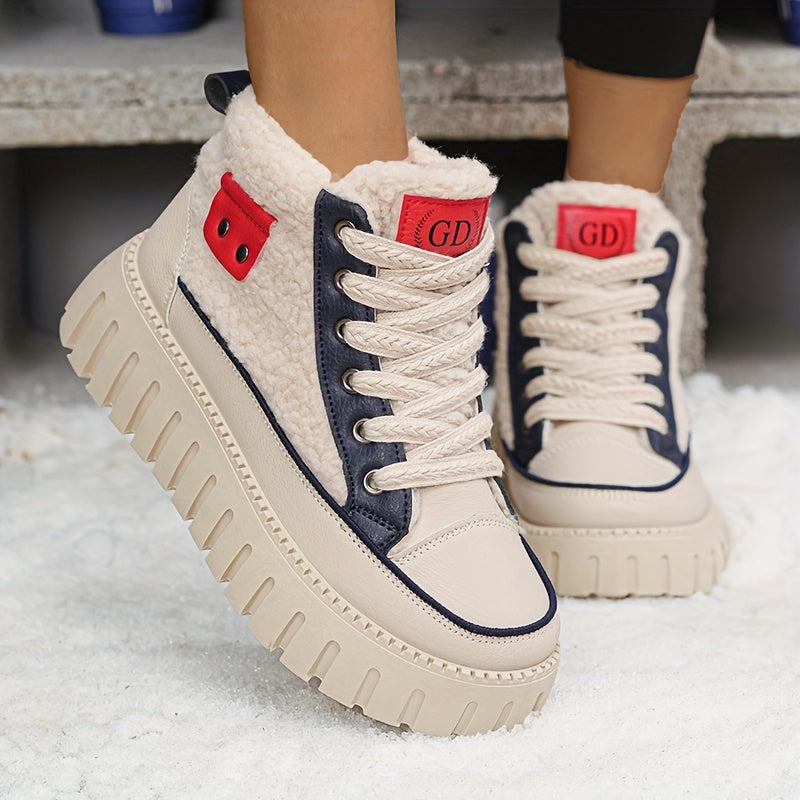 Women's Fleece-Lined Winter Boots Beige Rubber Sole Lace-Up Mid-Calf Snow Boots