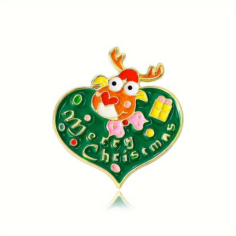 Festive Alloy Christmas Brooch Pin Set, Includes 1 Santa & 4 Reindeer Designs, Stylish Heart-Shaped Lapel Pins for Daily or Holiday Wear
