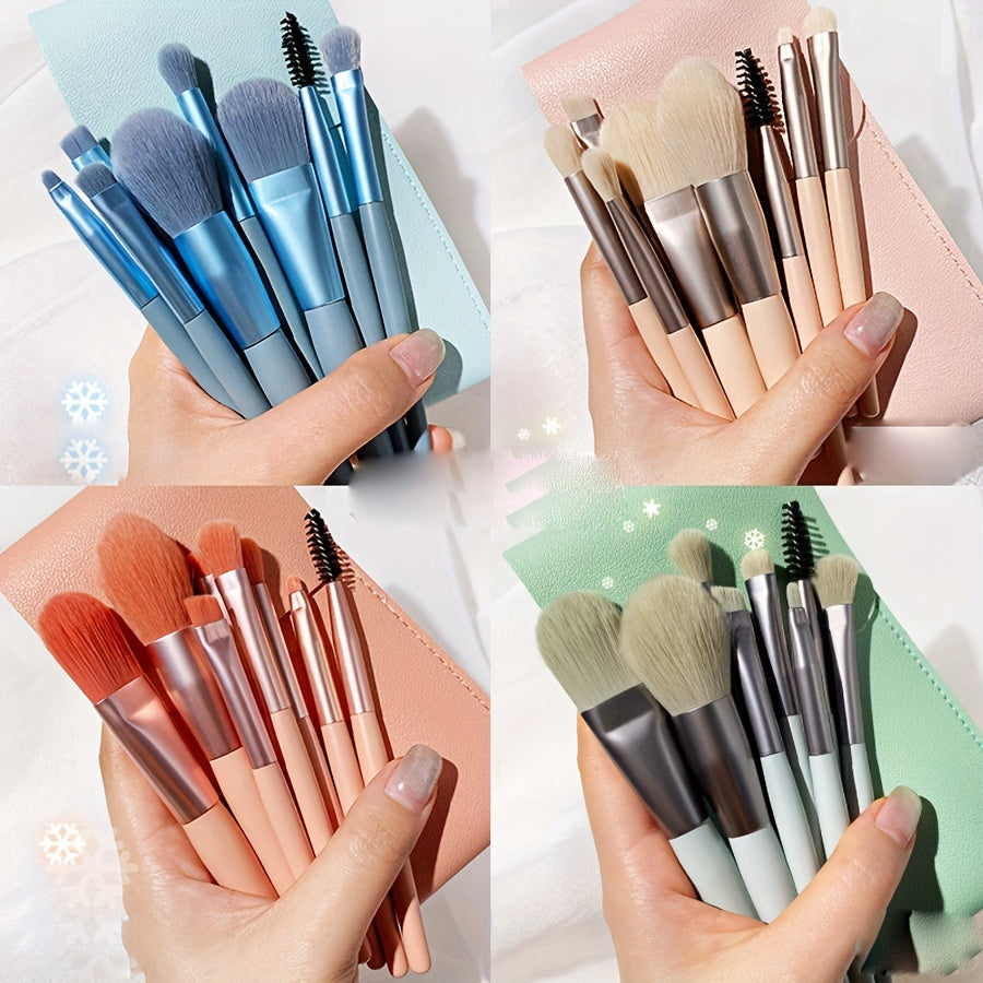 8-Piece Blue Facial Makeup Brush Set for Beginners Portable Travel-Friendly