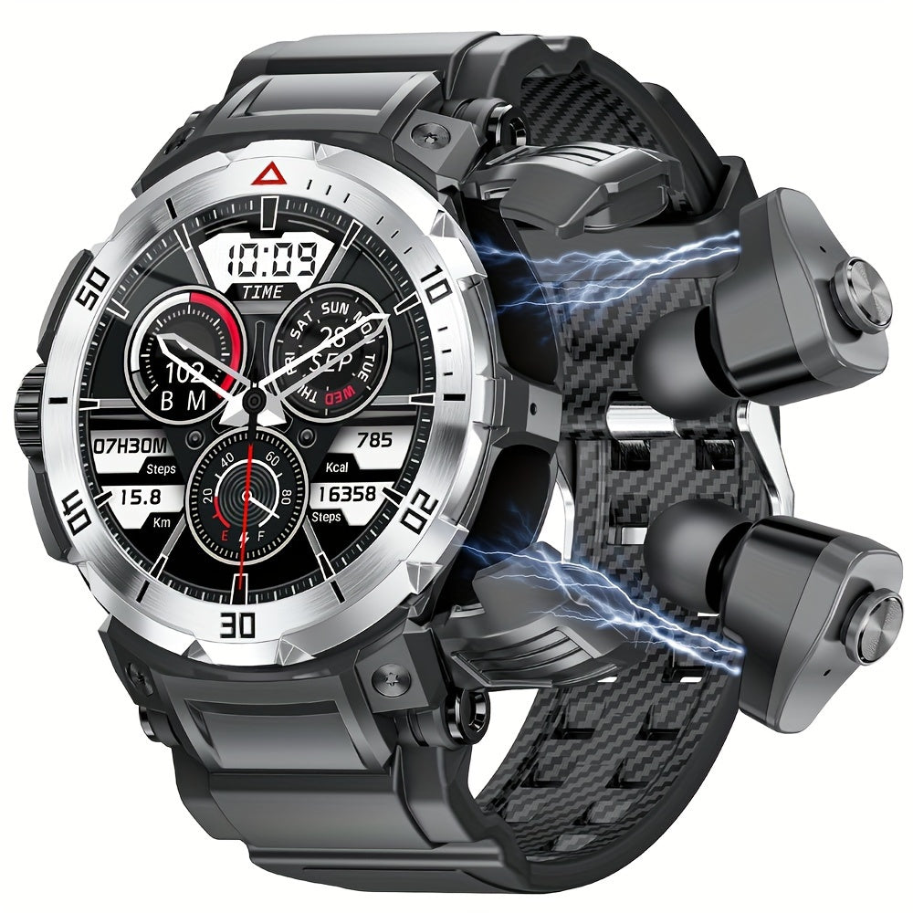 Erkaklar uchun yangi 3 in 1 aqlli soat, quloqchinlar, musiqa, fitnes kuzatuvchi, 1.46 dyuym HD ekran, qo'ng'iroq qilish/olish, dinamik, yozish, sport kuzatuvchi, iOS va Android bilan mos, uzoq kutish vaqti.