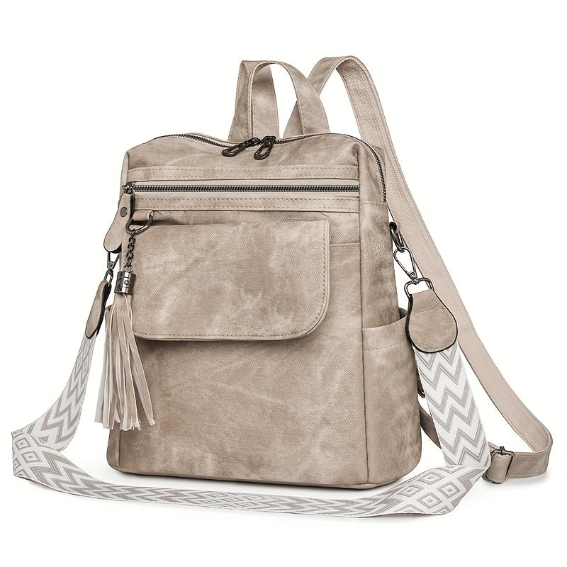 Women's PU Double Shoulder Bag for Autumn Winter Casual Crossbody Backpack with Tassels