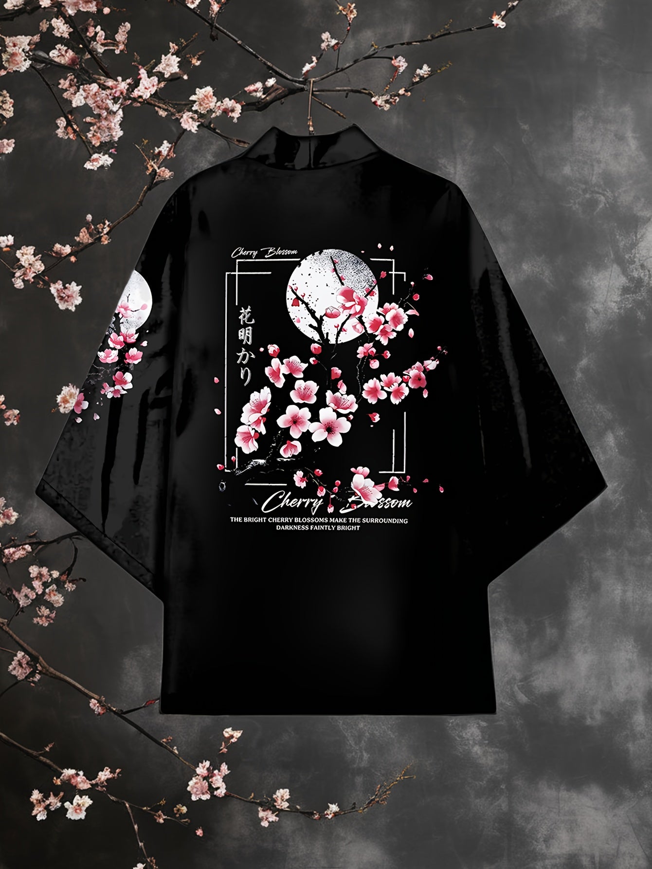 Men's Black Cherry Blossom Kimono Cardigan Open Front Floral Print Lightweight Polyester Casual