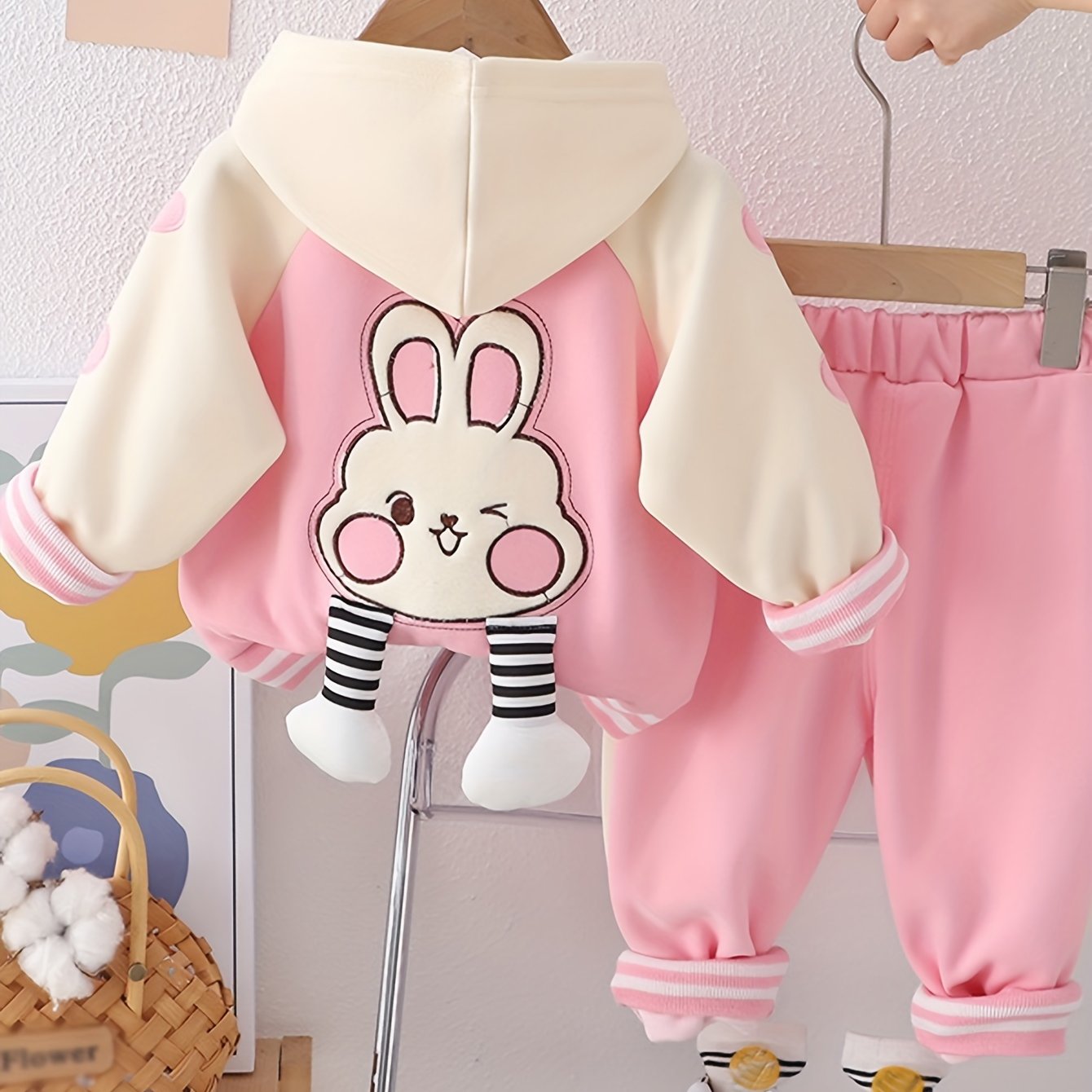 Girls Pink Bunny Hoodie and Pants Set Cotton Cartoon Spring Fall Comfortable Kids Clothing