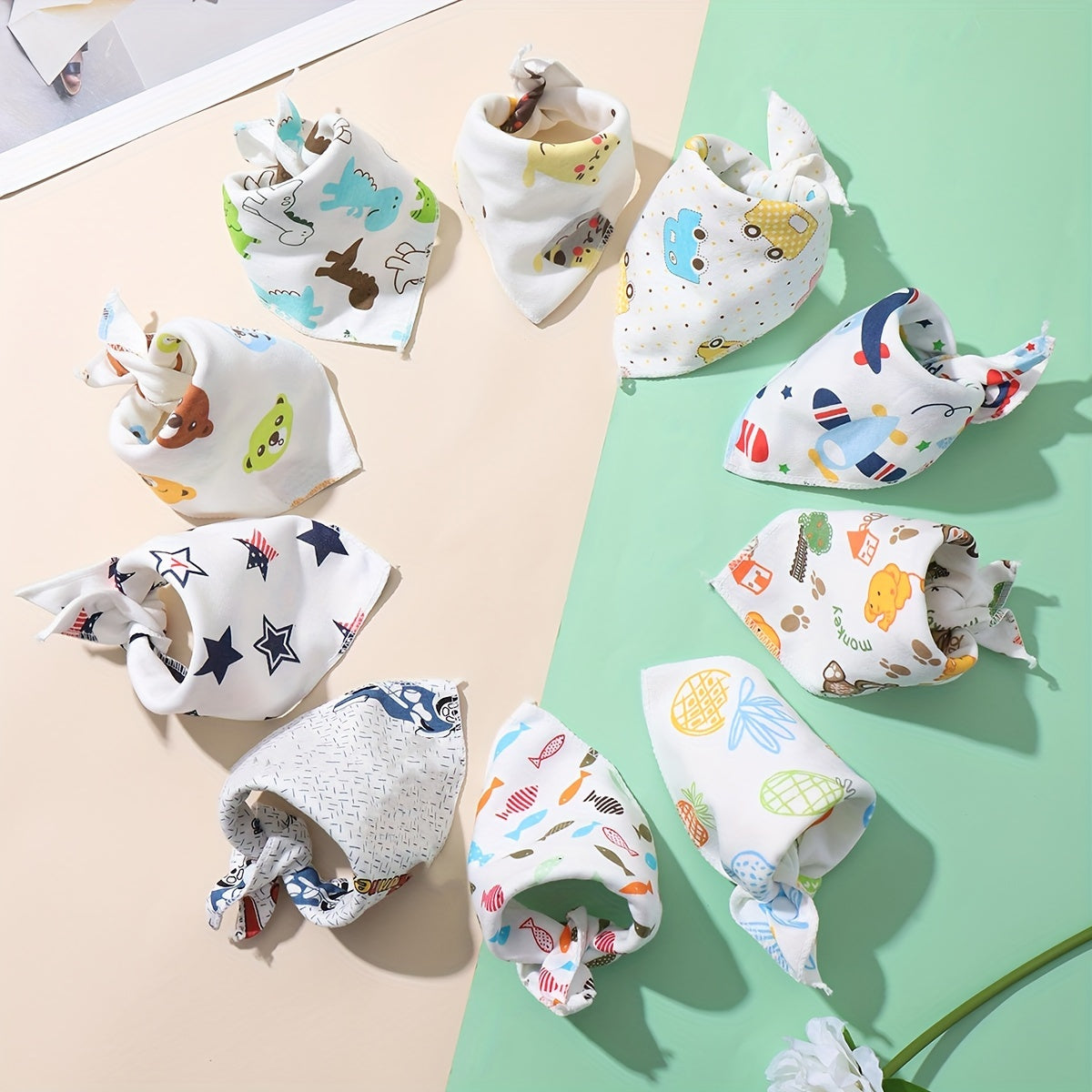 Set of 5 Cotton Baby Bibs with Cartoon Patterns Double-Layered Soft and Gentle for Feeding