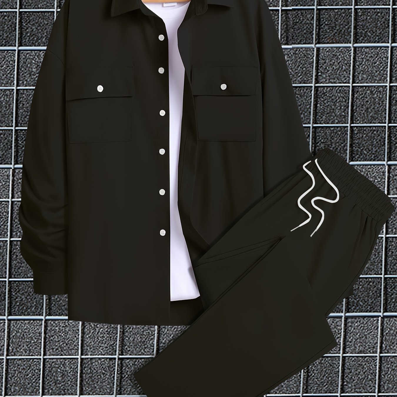 Men's Plus Size Solid Polyester Shirt and Pants Set for Fall Winter Casual