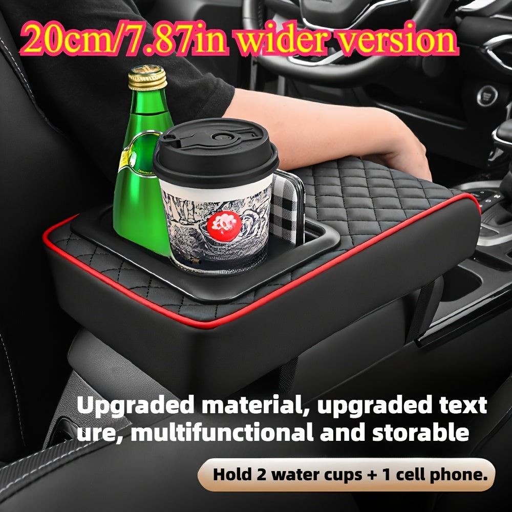Memory Foam Car Armrest Pad with Storage Pockets Cup Holder and Phone Stand Red 20cm