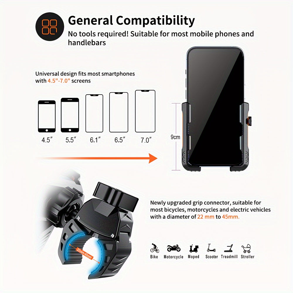 Bike Phone Mount for Handlebars 22-45mm 360° Rotation Compatible with 11.43-17.78cm Smartphones