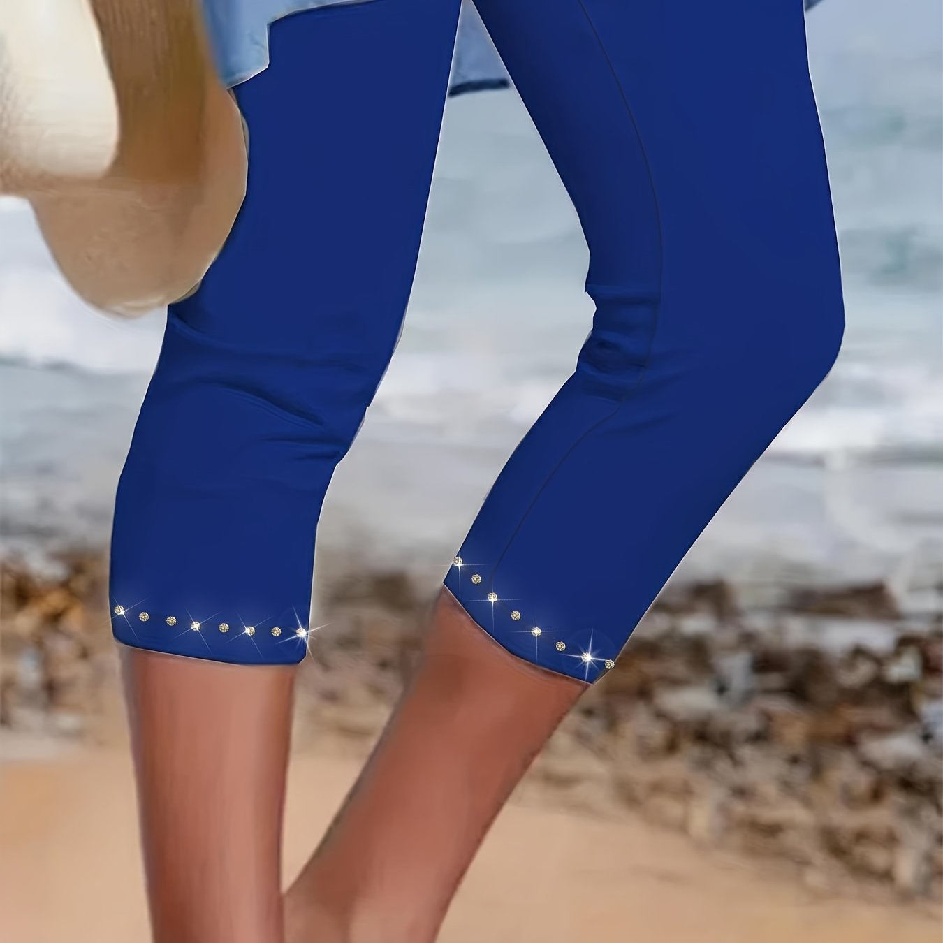 Plus Size Rhinestone Decor Capri Leggings High Waist Stretchy Spring Summer Women