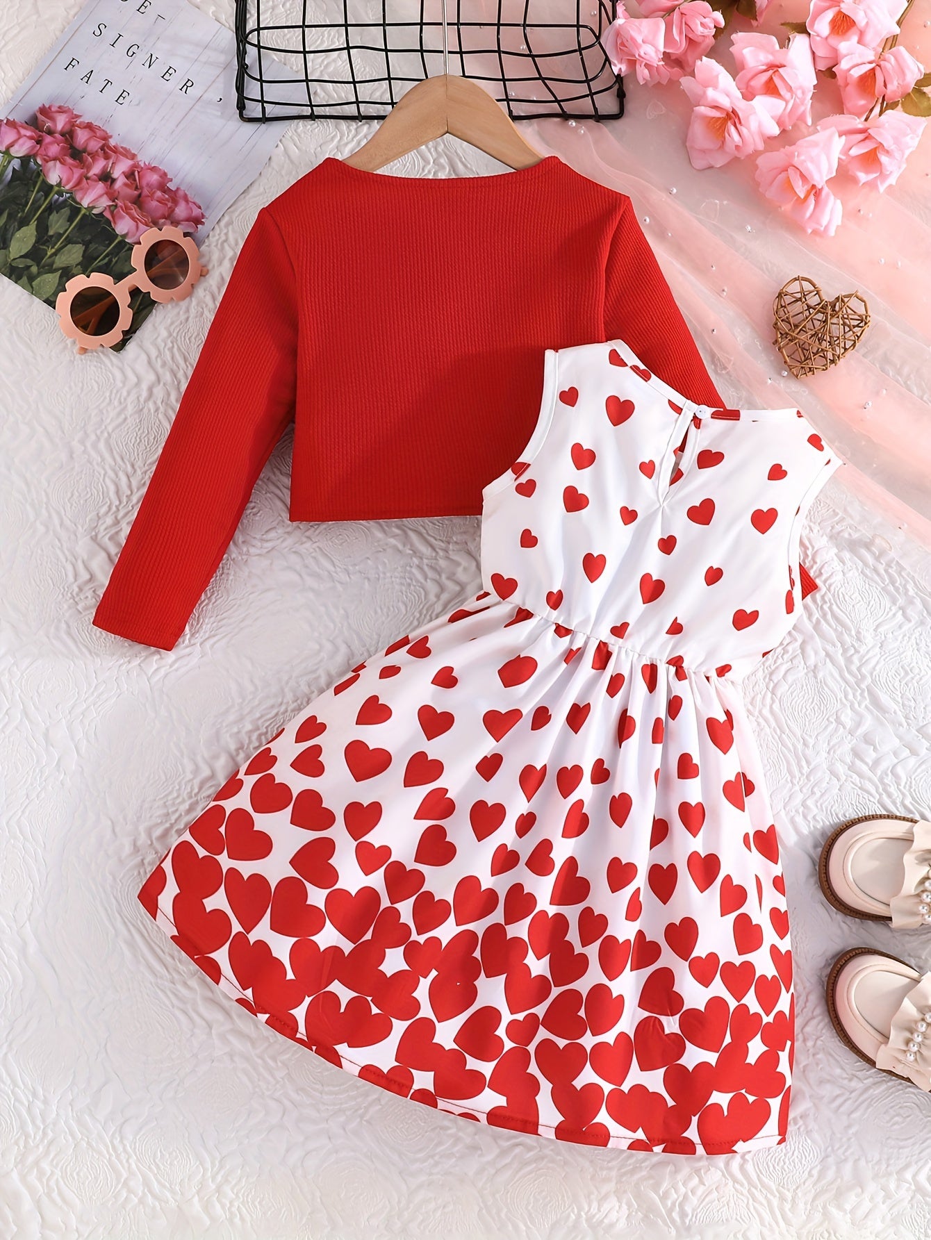 Girls' Valentines Day Outfit Set Long-Sleeved Cardigan and Sleeveless Sundress for Kids