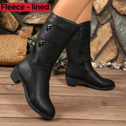 Women's Fleece-Lined Mid-Calf Ankle Boots with Zipper, Chunky Heel, Black