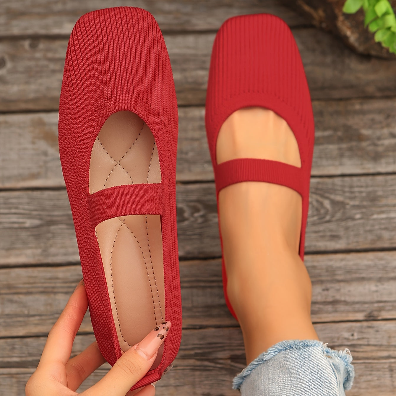 Women's Casual Knit Flats with Square Toe Fabric Upper Slip-On All-Season