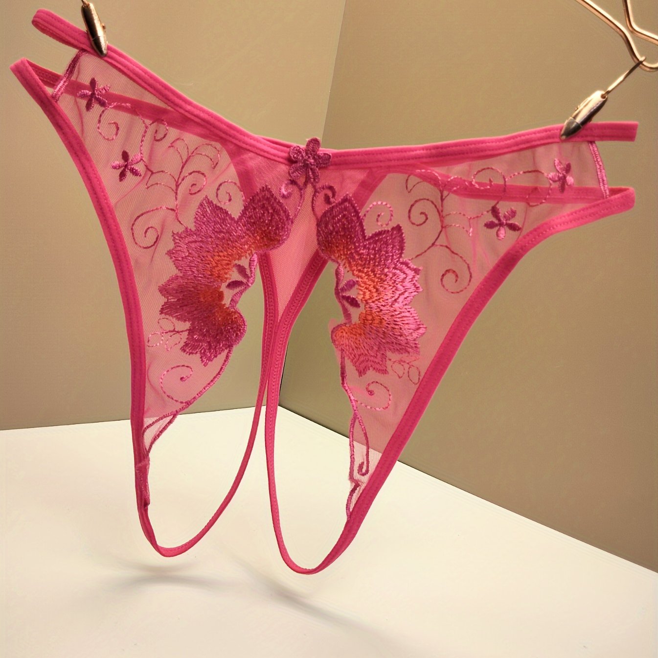 Women's Floral Lace Mesh Thong with Open Crotch and Sheer Design Lingerie