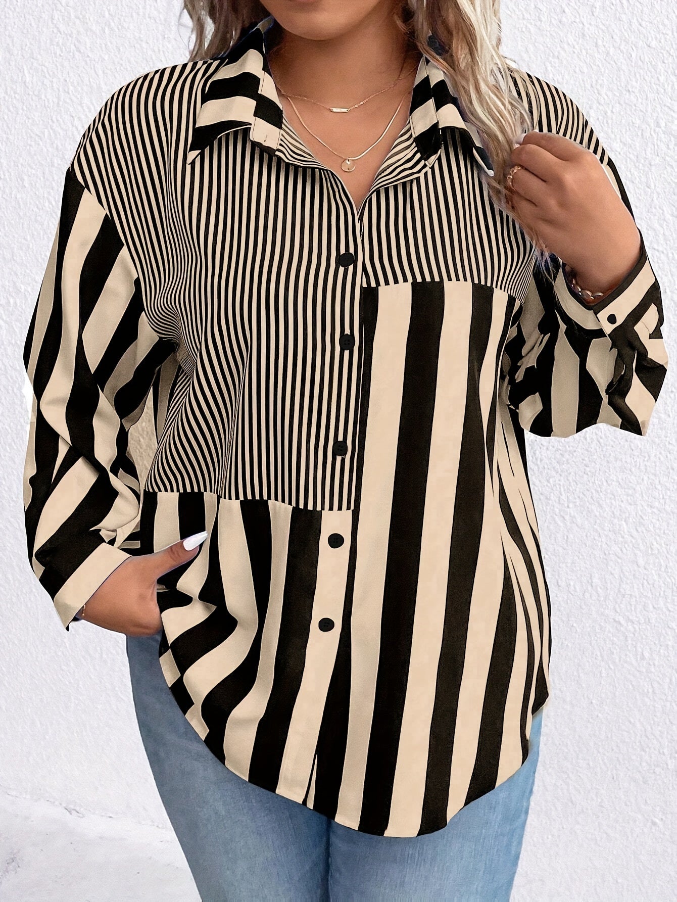 Plus Size Striped Colorblock Shirt Long Sleeve Button-Up Fall Casual