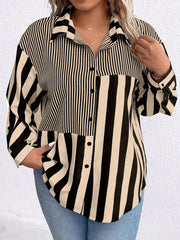 Plus Size Striped Colorblock Shirt Long Sleeve Button-Up Fall Casual