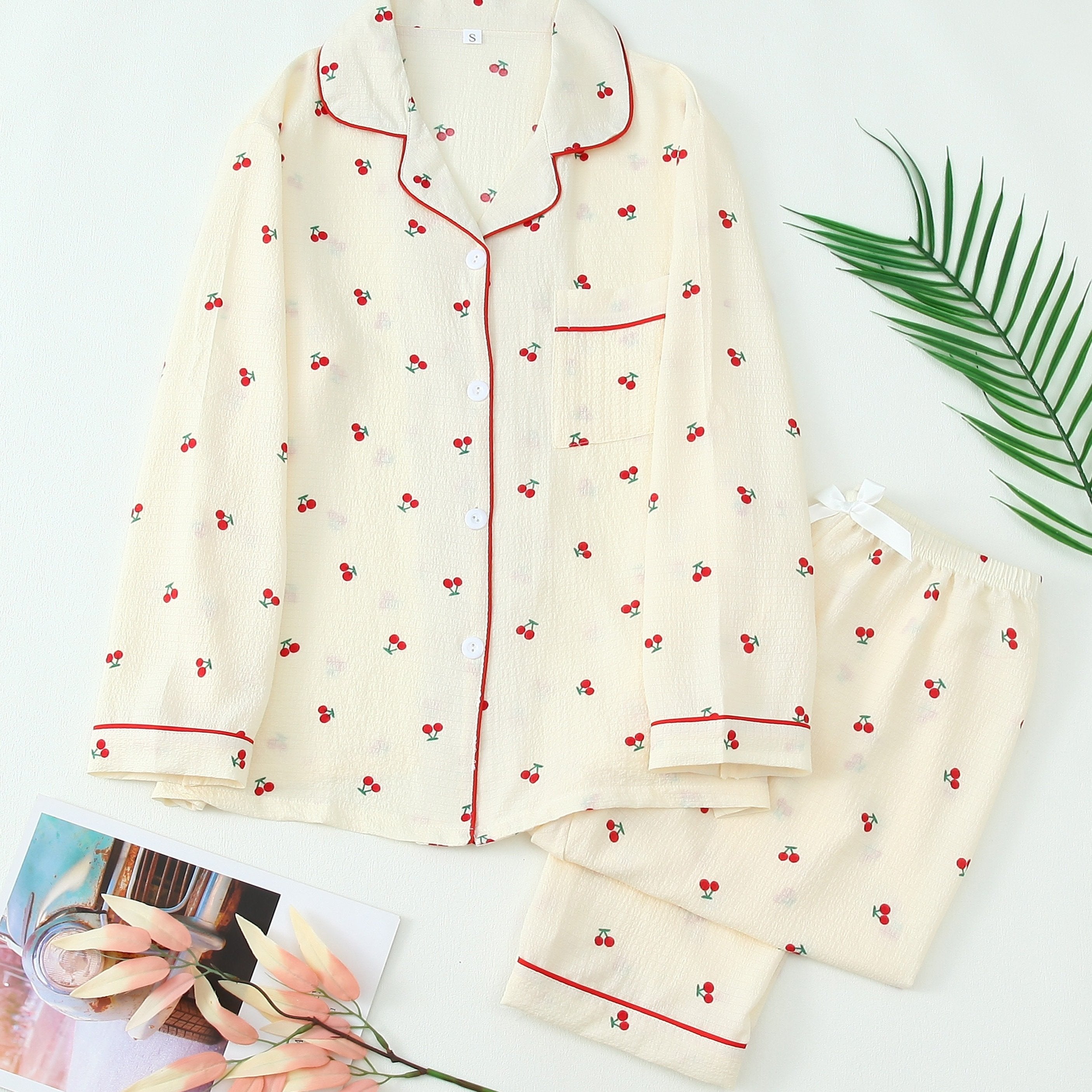 Women's Cherry Print Pajama Set Long Sleeve Top and Pants All-Season Polyester