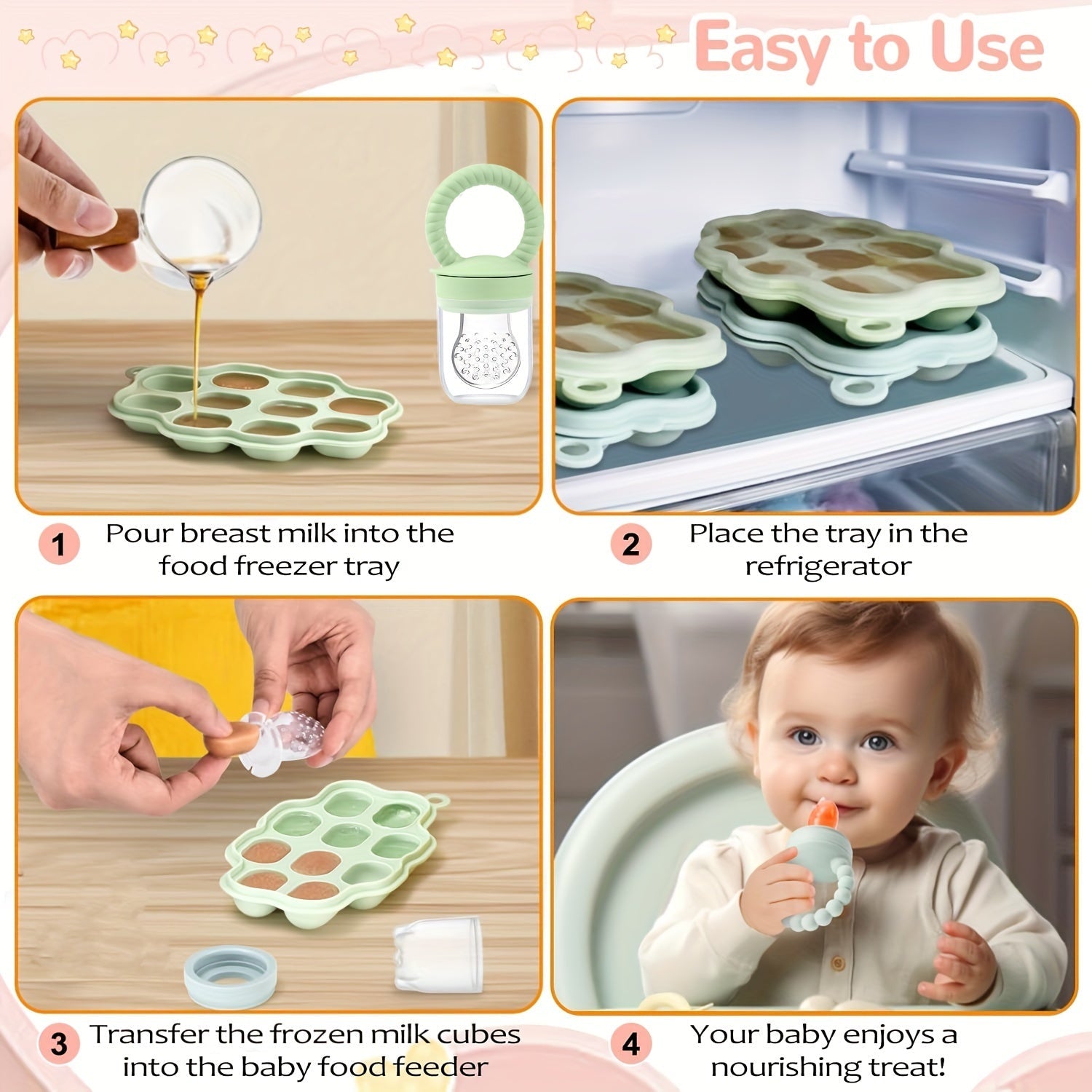 5 dona to'plami: Silikon oziq-ovqat saqlash qutisi va meva va sabzavot pyuresi tayyorlash uchun oziqlantiruvchi kombinatsiya to'plami