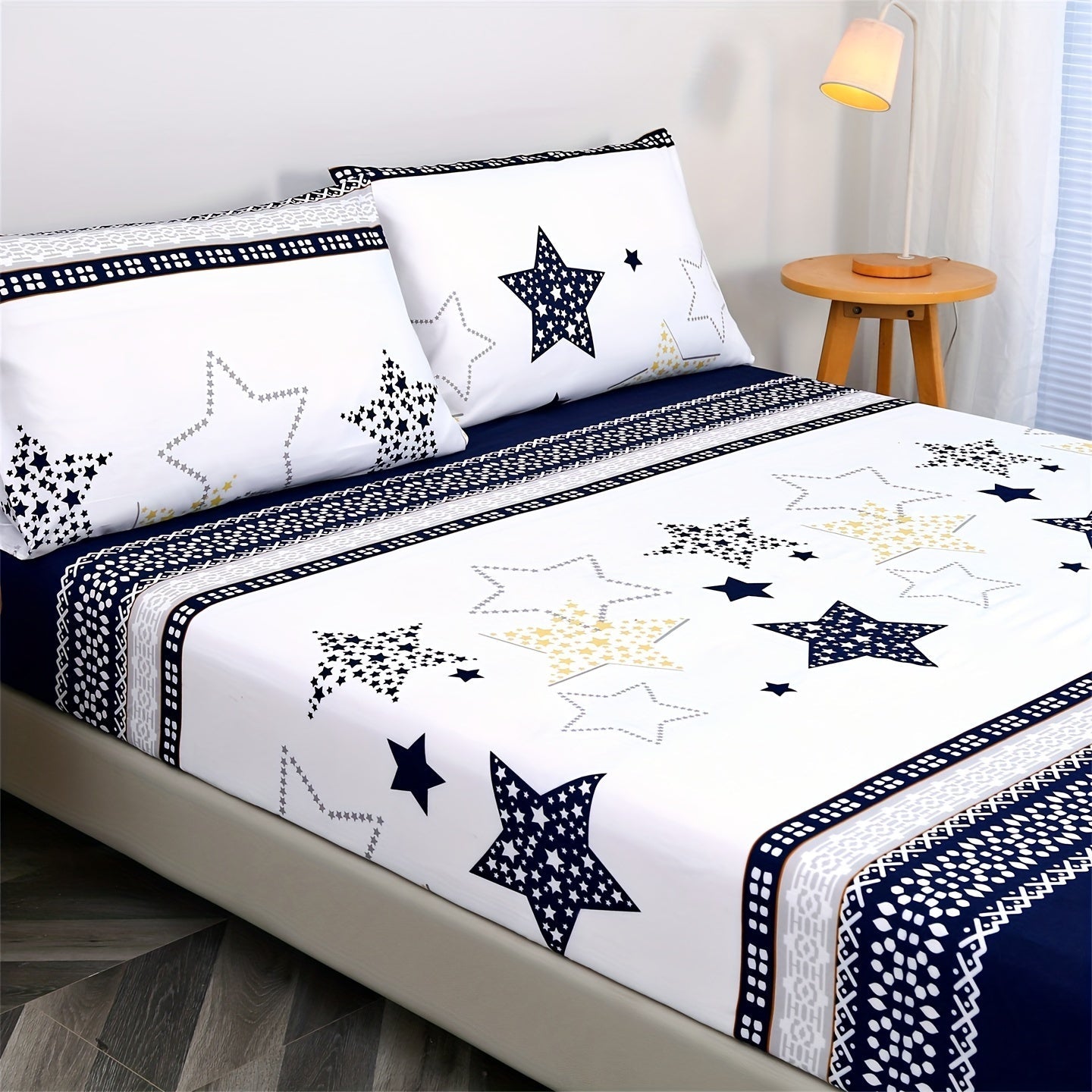 Conjunto de ropa de cama con estrella geométrica y gráfico de líneas, 3 piezas, sábana ajustable y fundas de almohada