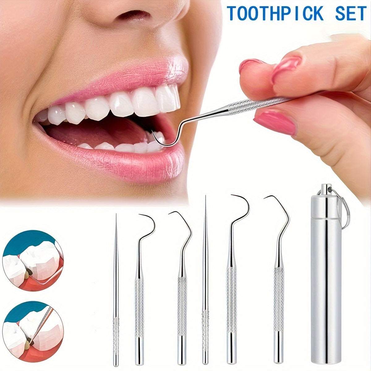 6 Pack Stainless Steel Toothpicks Oral Cleaning Floss Picks with Storage Tube