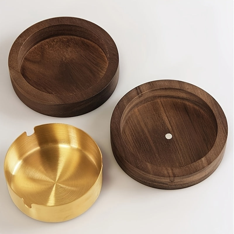 Round Wooden Ashtray with Lid for Home and Office Use