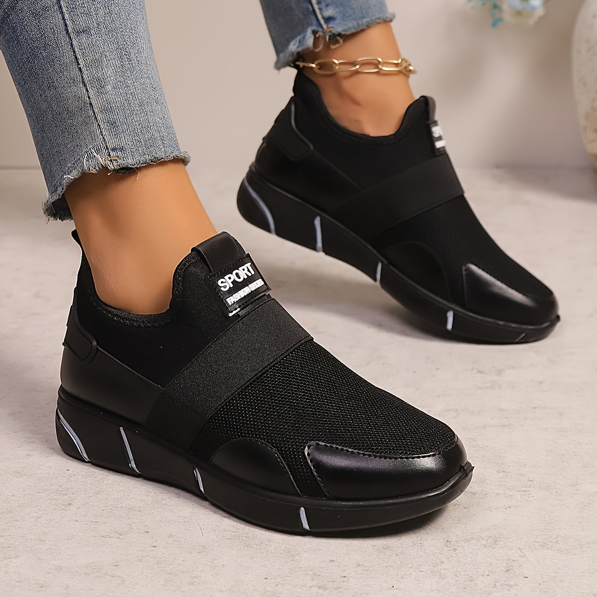 Women's Slip-On Sneakers Lightweight Knit Breathable Casual Shoes Black Gold