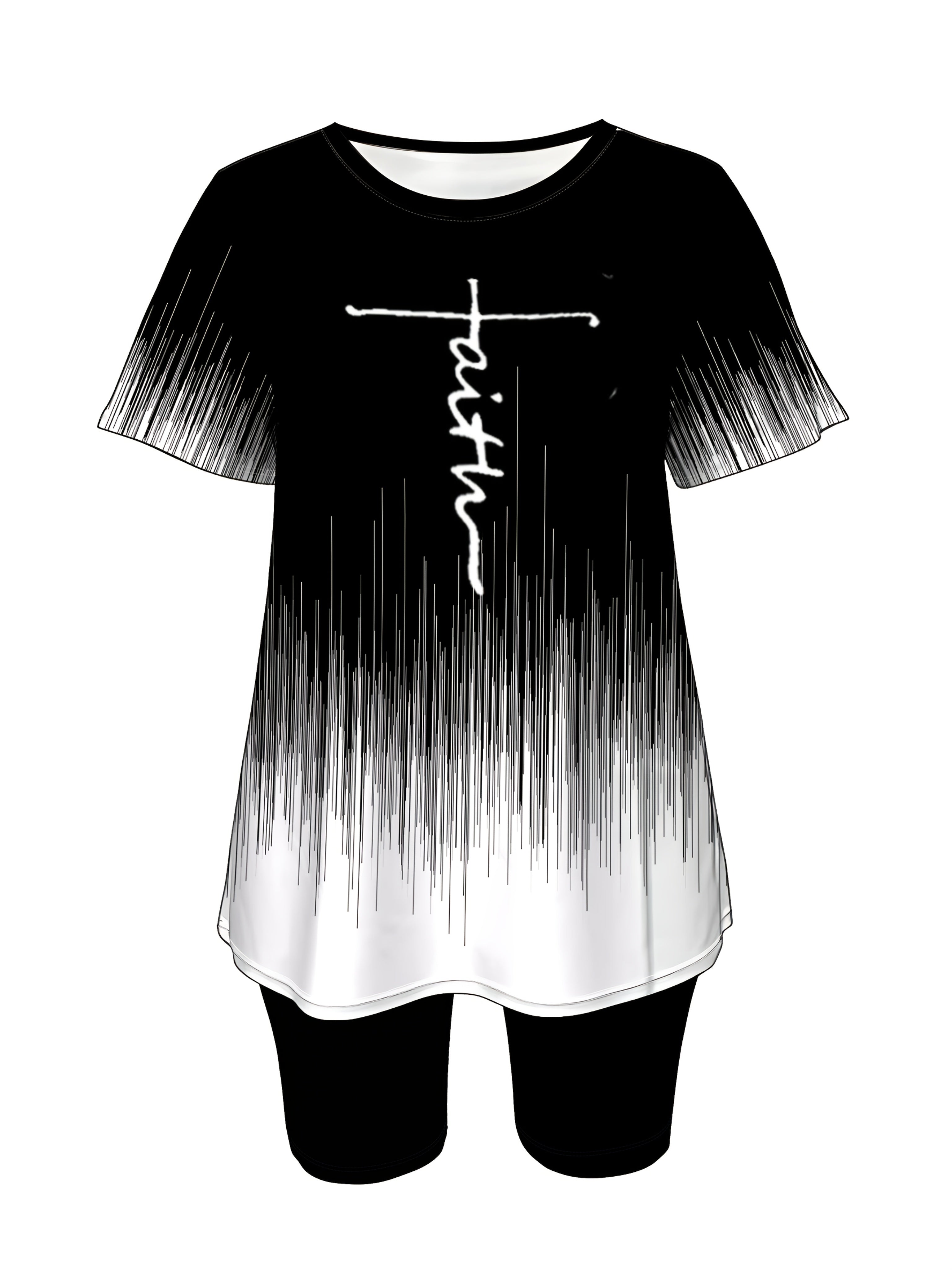 Women Two-Piece Summer Outfit Short-Sleeve Top Shorts Digital Print Plus Size