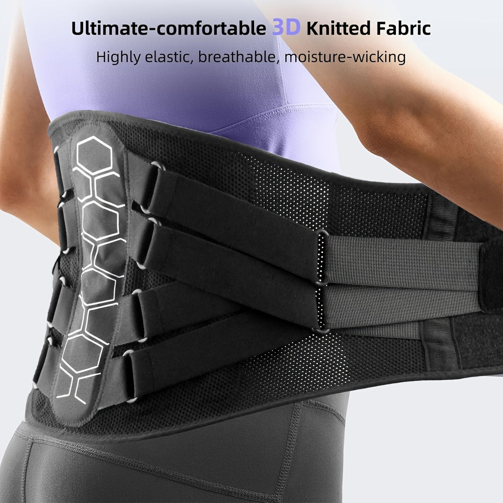 Black Ergonomic Lumbar Support Belt with Breathable Mesh and Hexagonal Padding for Back Pain Relief