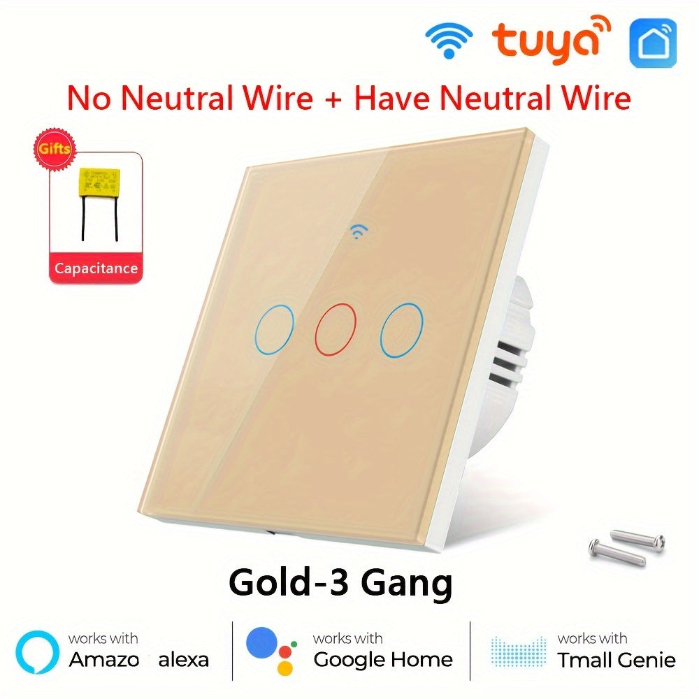 Smart Touch Wall Switch WiFi App Control Tempered Glass 86mm Single or Zero Wire Replacement in White or Golden