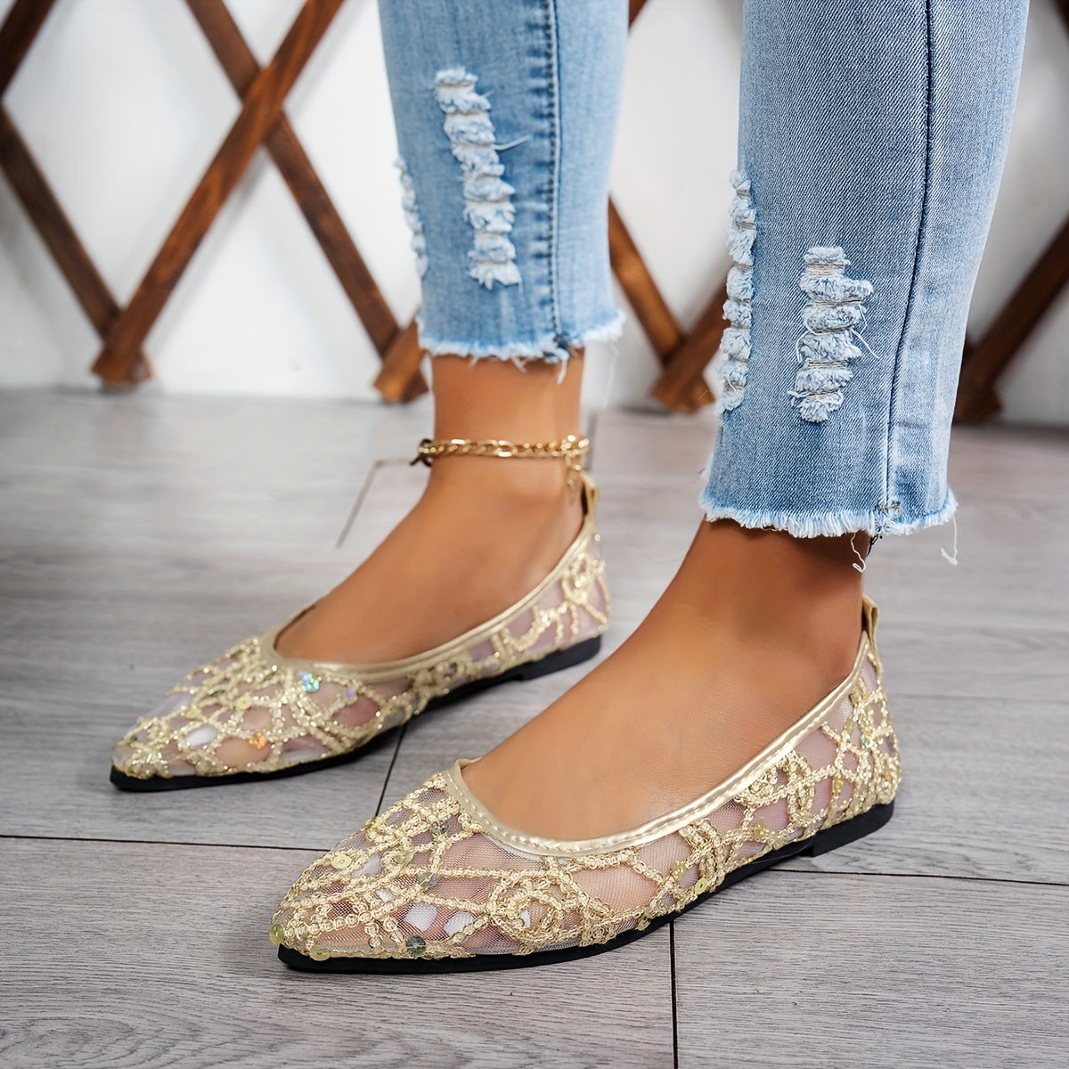 Ayollar uchun tarmoq balet tuflari, shampanli qimmatbaho toshlar bilan, nuqtali barmoqli, osongina kiyinadigan, partiyali va kundalik kiyim uchun
