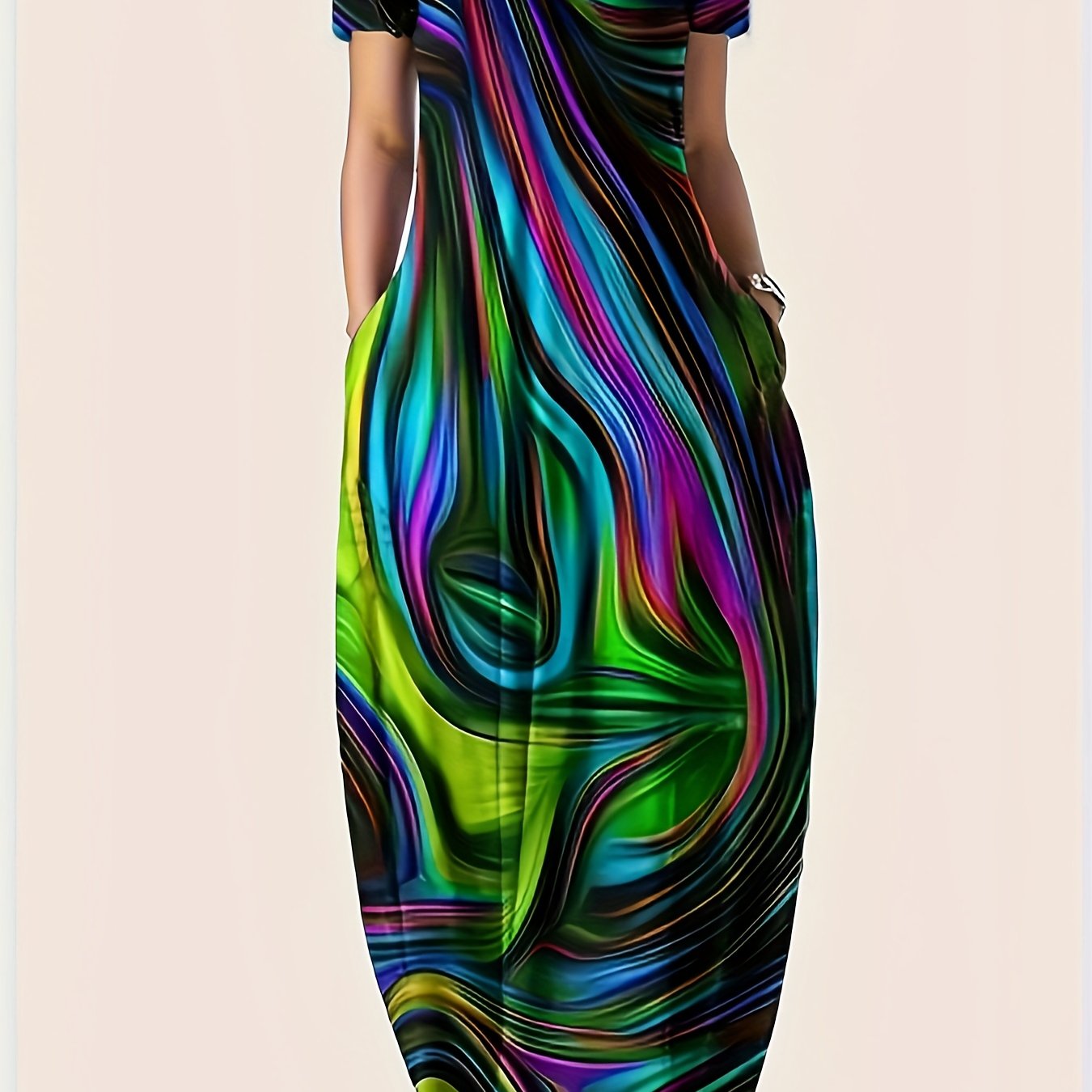 Платье-макси с принтом для полных размеров на весну-лето, повседневное, короткий рукав, круглый вырез