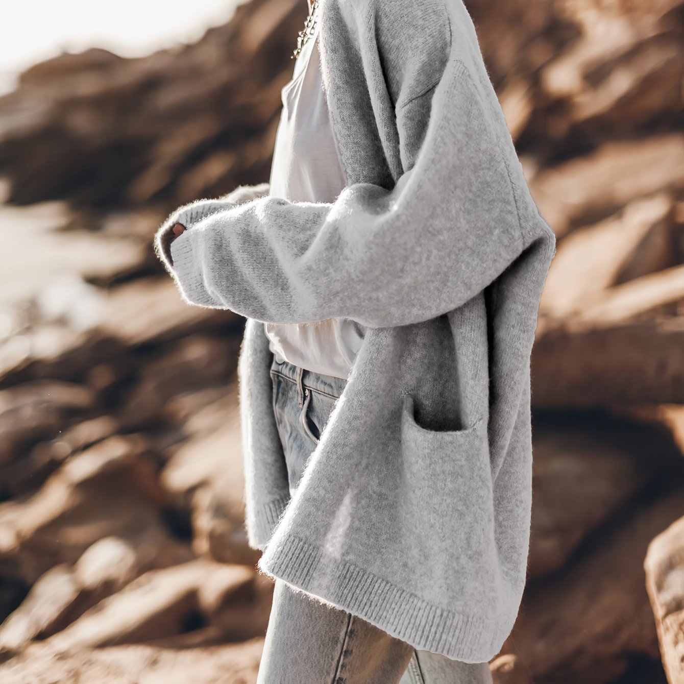 Кардиган для женщин больших размеров с длинными рукавами, открытая передняя часть, карманы, осень-зима, дышащий трикотаж