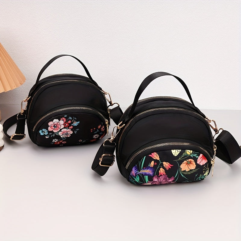 Floral Nylon Crossbody Bag for Women with Adjustable Strap and Zipper Closure