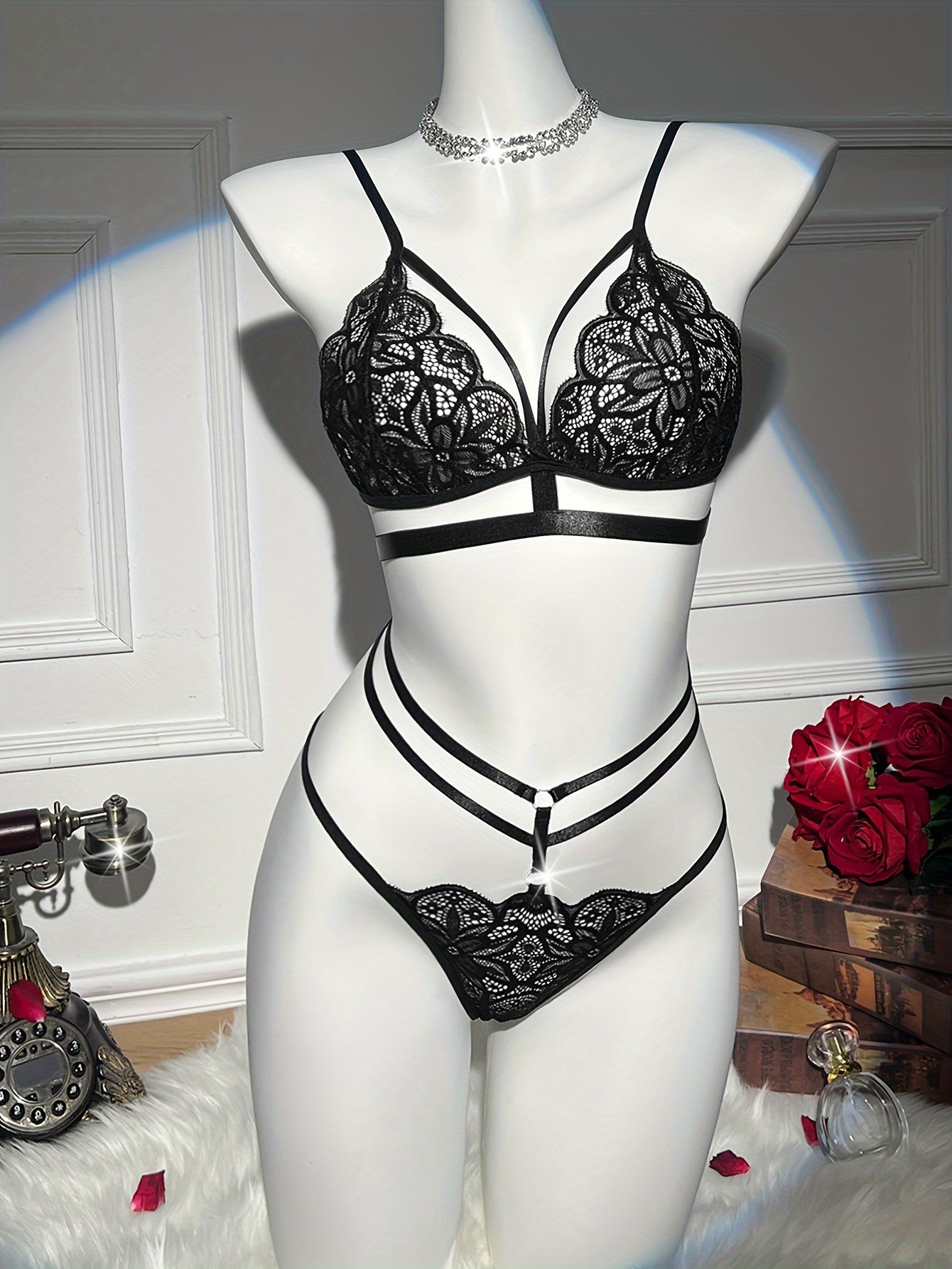Women's Floral Lace Lingerie Set with Cut-Out Push-Up Bra and Strappy Thong